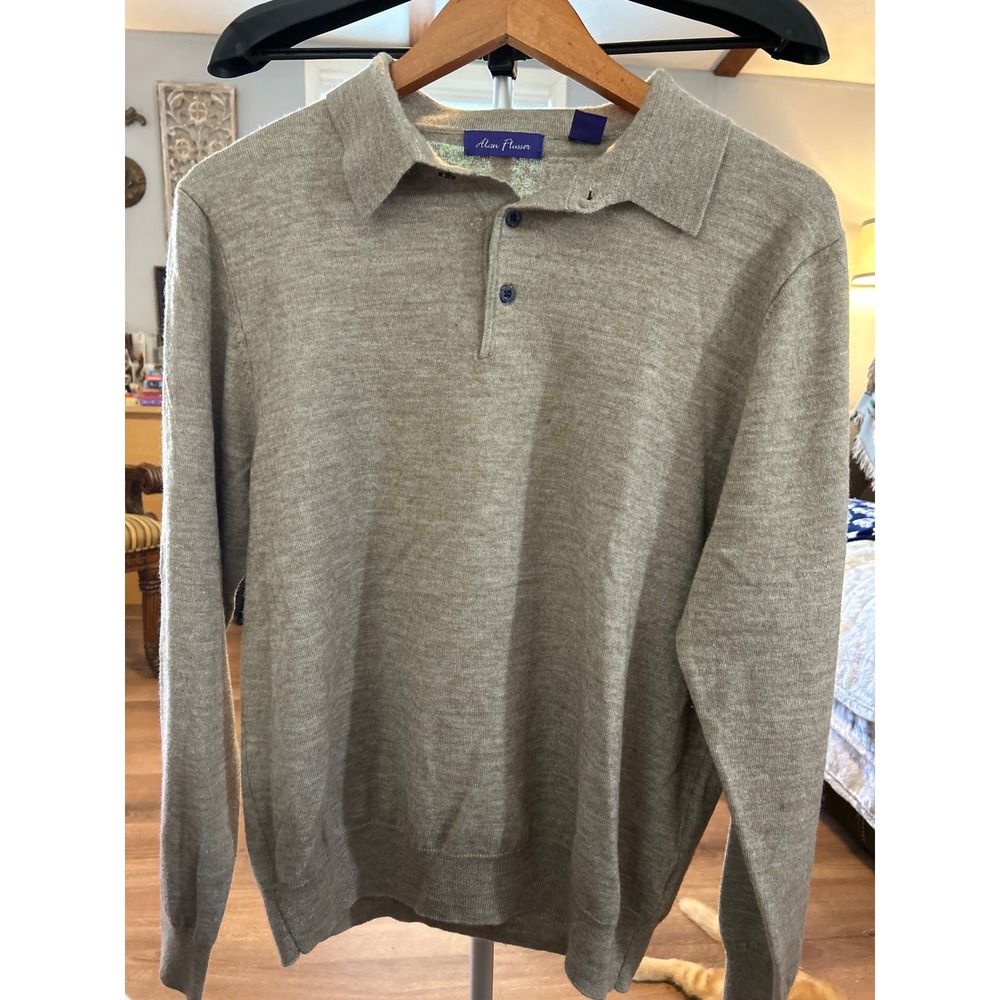 Alan Flusser Mens Long Sleeve Merino Wool Blend Polo Sweater Tan Size L
